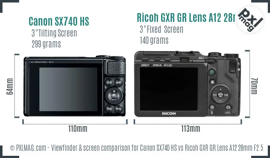Canon SX740 HS vs Ricoh GXR GR Lens A12 28mm F2.5 Screen and Viewfinder comparison