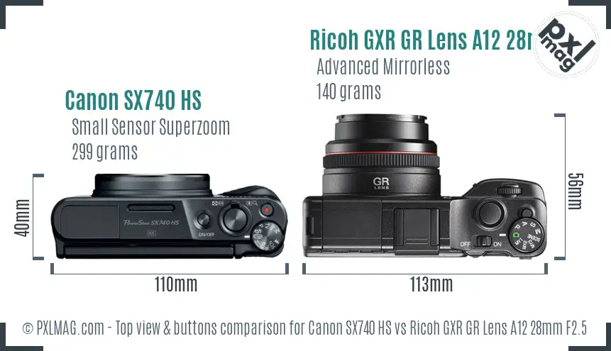 Canon SX740 HS vs Ricoh GXR GR Lens A12 28mm F2.5 top view buttons comparison