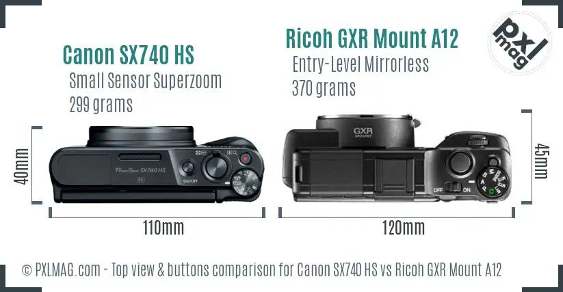 Canon SX740 HS vs Ricoh GXR Mount A12 top view buttons comparison