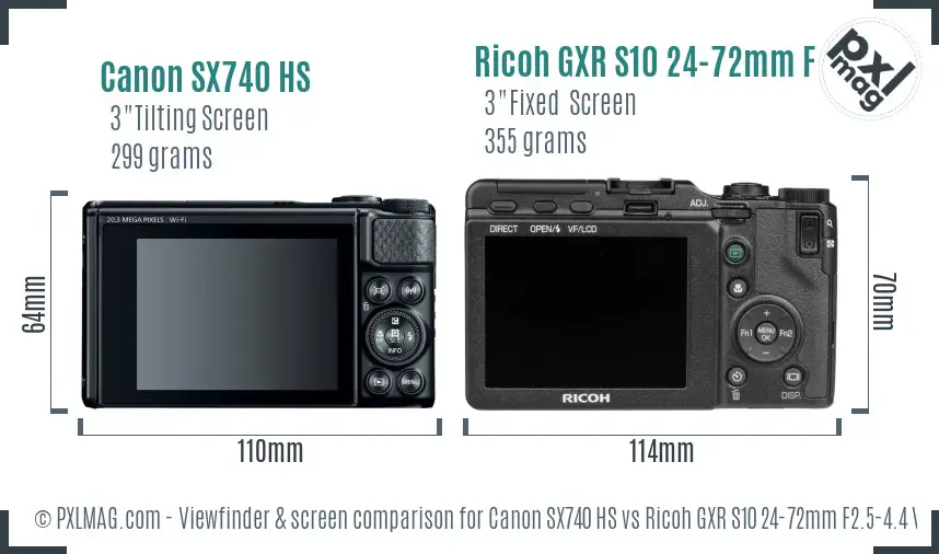 Canon SX740 HS vs Ricoh GXR S10 24-72mm F2.5-4.4 VC Screen and Viewfinder comparison