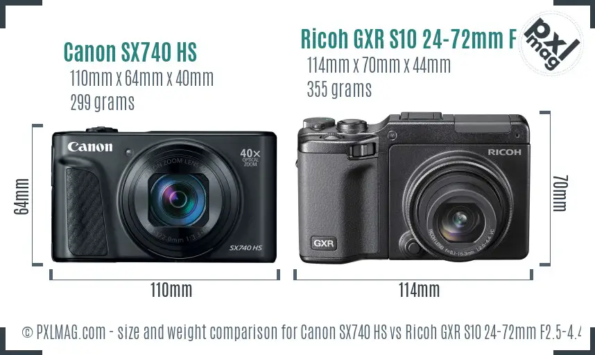 Canon SX740 HS vs Ricoh GXR S10 24-72mm F2.5-4.4 VC size comparison