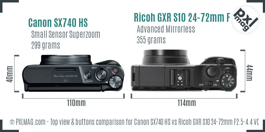 Canon SX740 HS vs Ricoh GXR S10 24-72mm F2.5-4.4 VC top view buttons comparison