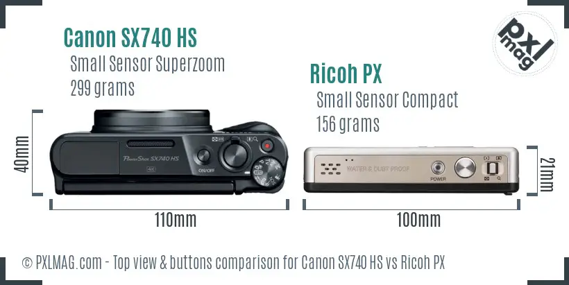 Canon SX740 HS vs Ricoh PX top view buttons comparison Canon SX740 HS vs Ricoh PX top view buttons comparison