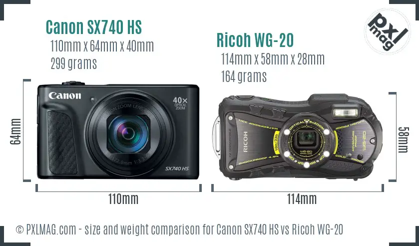 Canon SX740 HS vs Ricoh WG-20 size comparison