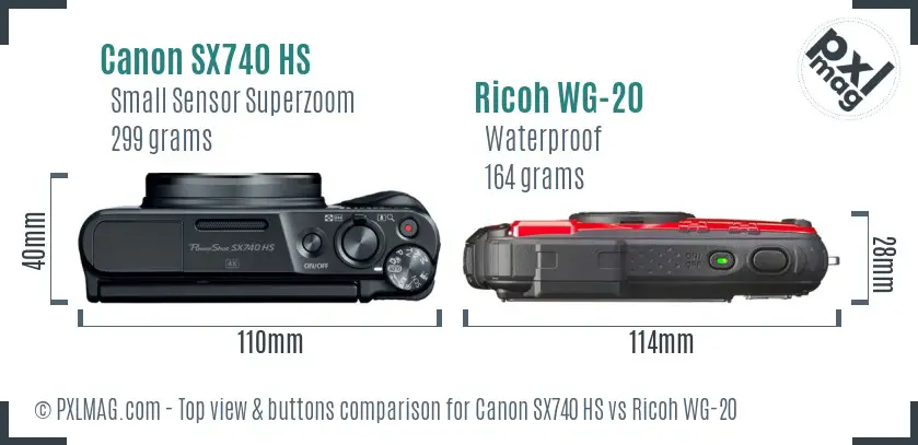 Canon SX740 HS vs Ricoh WG-20 top view buttons comparison