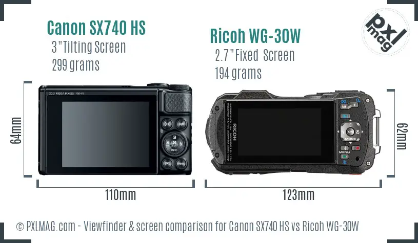 Canon SX740 HS vs Ricoh WG-30W Screen and Viewfinder comparison