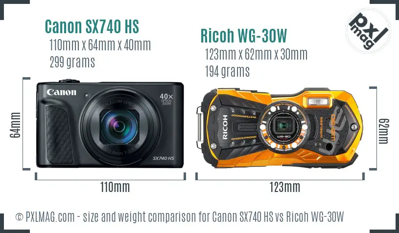 Canon SX740 HS vs Ricoh WG-30W size comparison