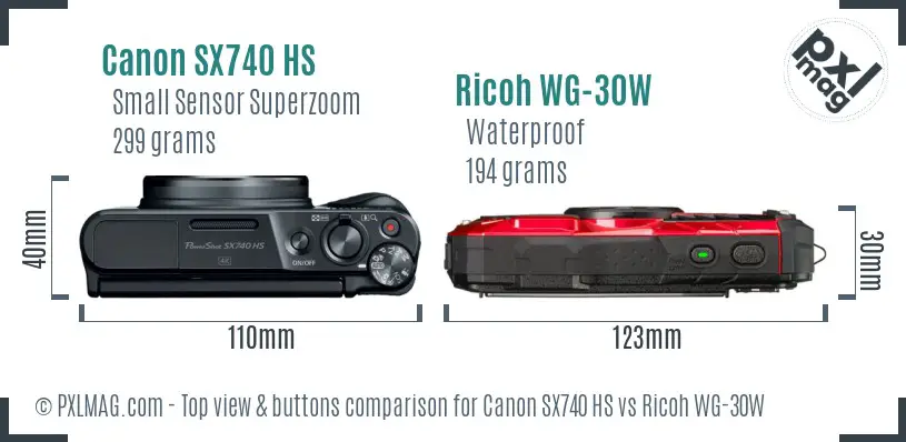 Canon SX740 HS vs Ricoh WG-30W top view buttons comparison