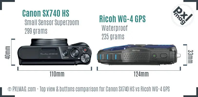 Canon SX740 HS vs Ricoh WG-4 GPS top view buttons comparison Canon SX740 HS vs Ricoh WG-4 GPS top view buttons comparison