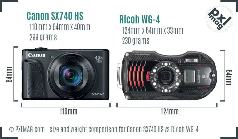 Canon SX740 HS vs Ricoh WG-4 size comparison