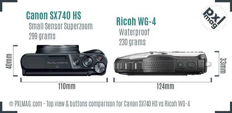 Canon SX740 HS vs Ricoh WG-4 top view buttons comparison