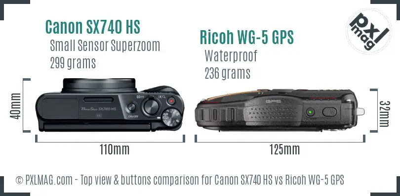 Canon SX740 HS vs Ricoh WG-5 GPS top view buttons comparison