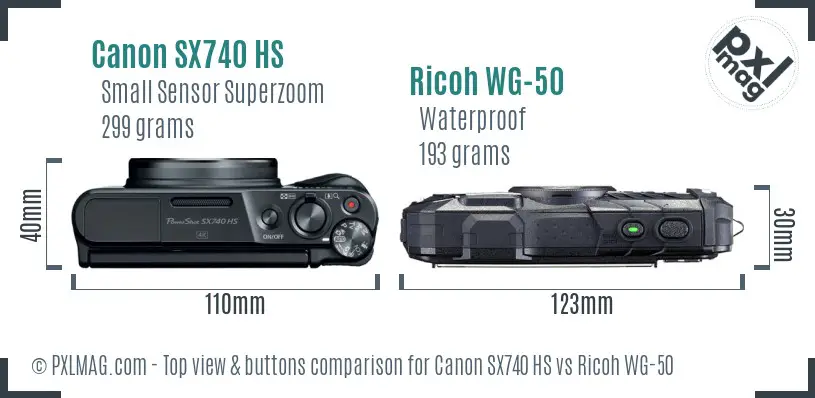 Canon SX740 HS vs Ricoh WG-50 top view buttons comparison