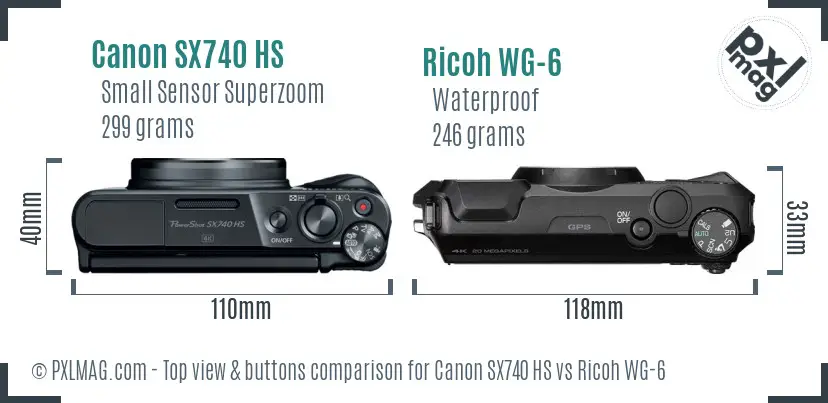 Canon SX740 HS vs Ricoh WG-6 top view buttons comparison