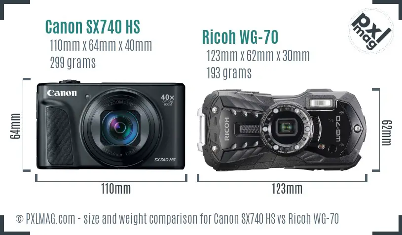 Canon SX740 HS vs Ricoh WG-70 size comparison