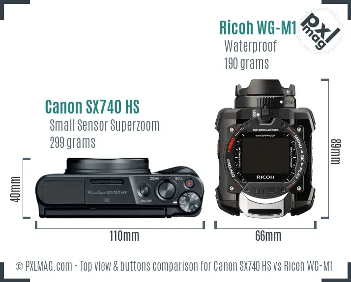 Canon SX740 HS vs Ricoh WG-M1 top view buttons comparison Canon SX740 HS vs Ricoh WG-M1 top view buttons comparison