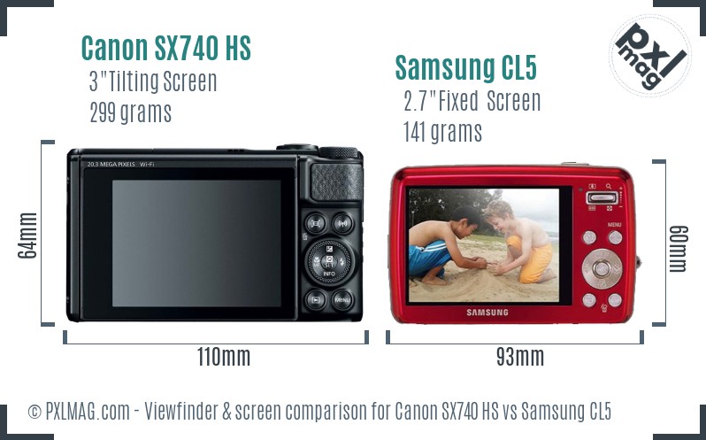 Canon SX740 HS vs Samsung CL5 Screen and Viewfinder comparison