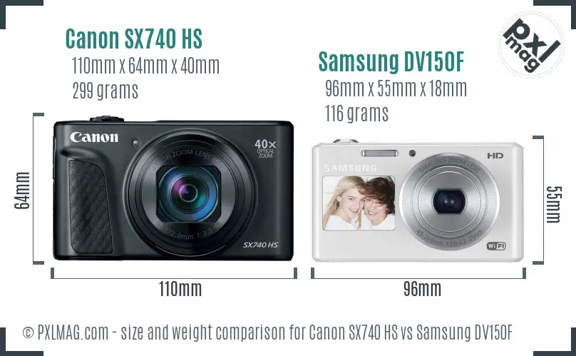 Canon SX740 HS vs Samsung DV150F size comparison