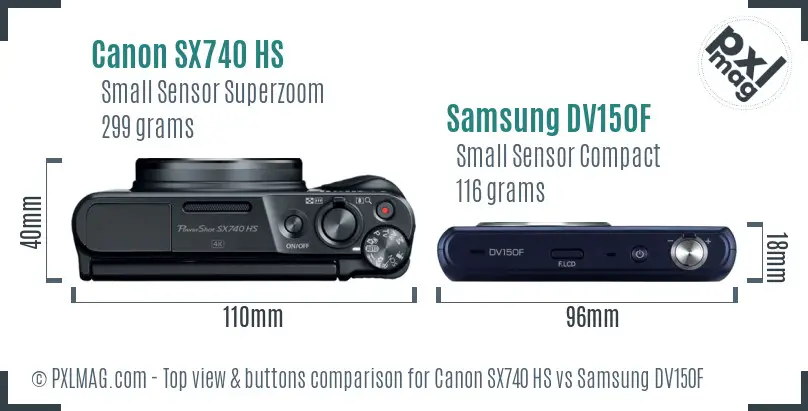 Canon SX740 HS vs Samsung DV150F top view buttons comparison