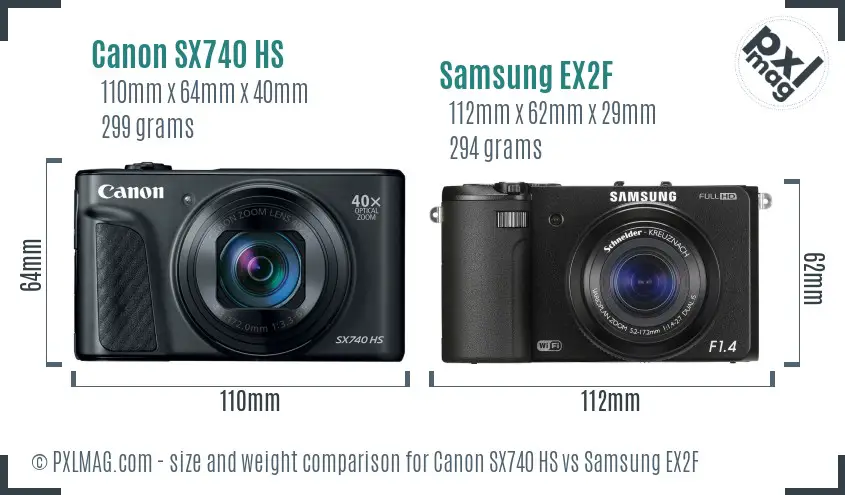 Canon SX740 HS vs Samsung EX2F size comparison