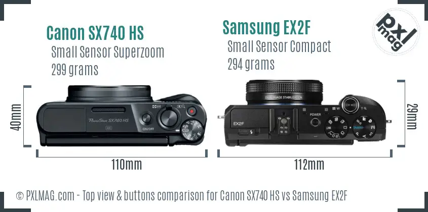 Canon SX740 HS vs Samsung EX2F top view buttons comparison