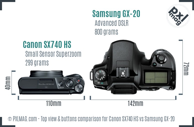 Canon SX740 HS vs Samsung GX-20 top view buttons comparison