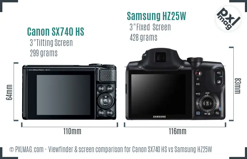 Canon SX740 HS vs Samsung HZ25W Screen and Viewfinder comparison