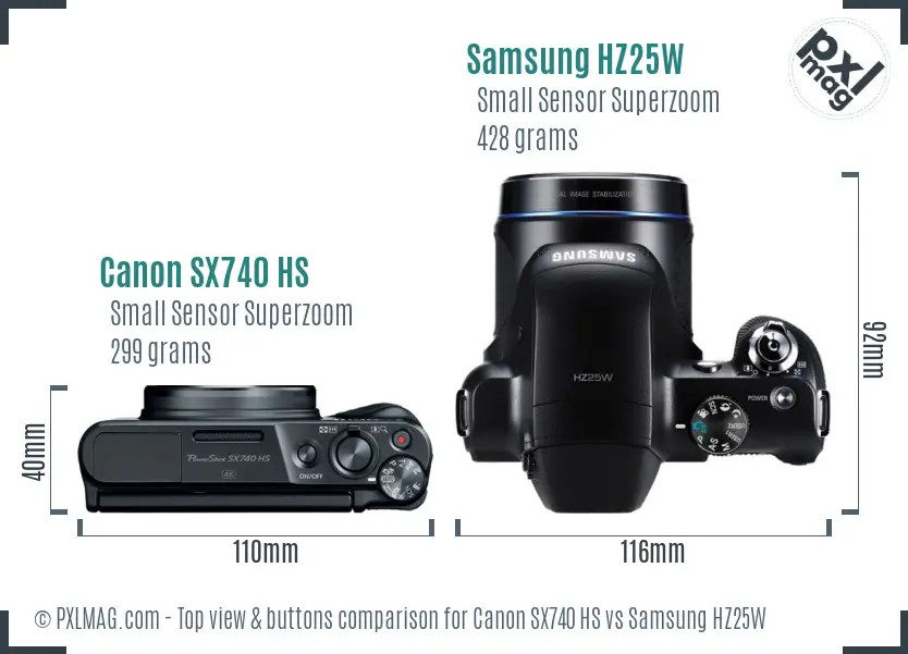 Canon SX740 HS vs Samsung HZ25W top view buttons comparison