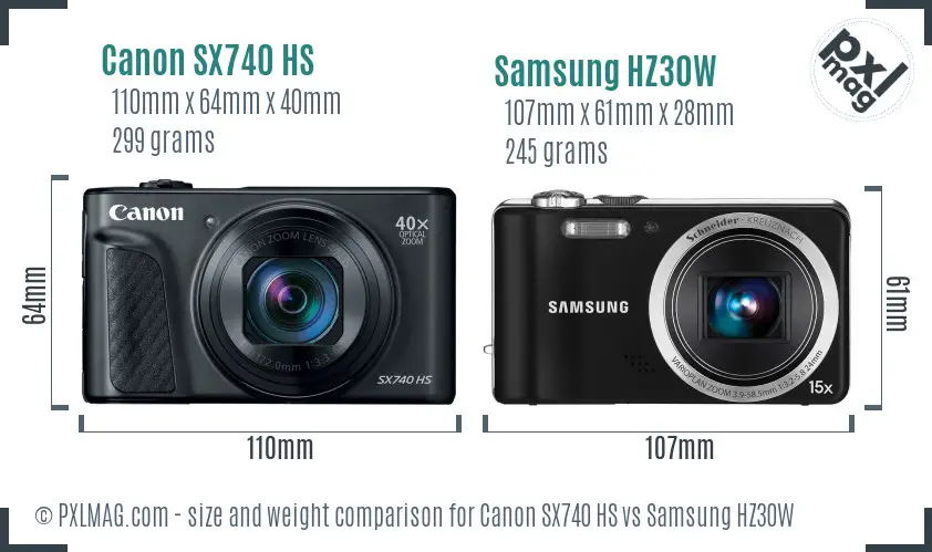 Canon SX740 HS vs Samsung HZ30W size comparison