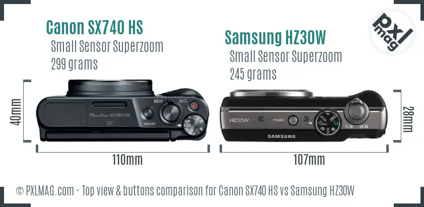 Canon SX740 HS vs Samsung HZ30W top view buttons comparison