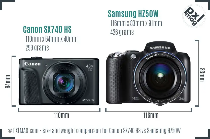 Canon SX740 HS vs Samsung HZ50W size comparison