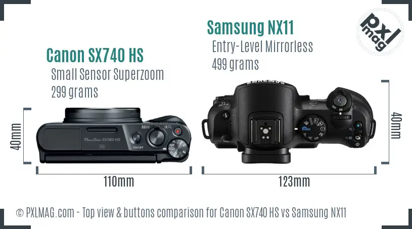 Canon SX740 HS vs Samsung NX11 top view buttons comparison Canon SX740 HS vs Samsung NX11 top view buttons comparison