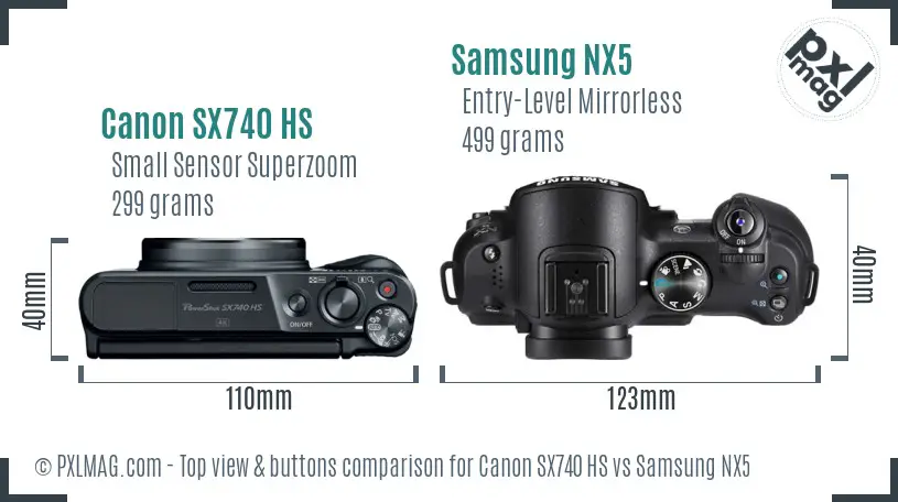 Canon SX740 HS vs Samsung NX5 top view buttons comparison Canon SX740 HS vs Samsung NX5 top view buttons comparison