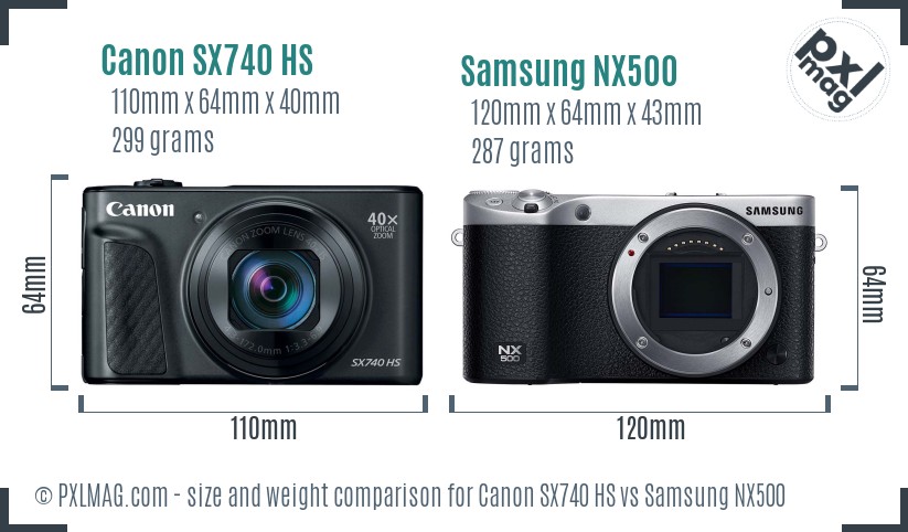 Canon SX740 HS vs Samsung NX500 size comparison