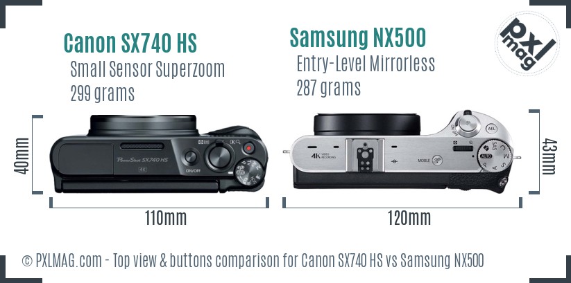 Canon SX740 HS vs Samsung NX500 top view buttons comparison