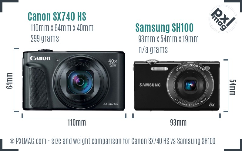 Canon SX740 HS vs Samsung SH100 size comparison
