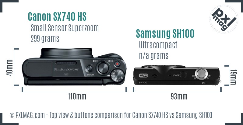 Canon SX740 HS vs Samsung SH100 top view buttons comparison