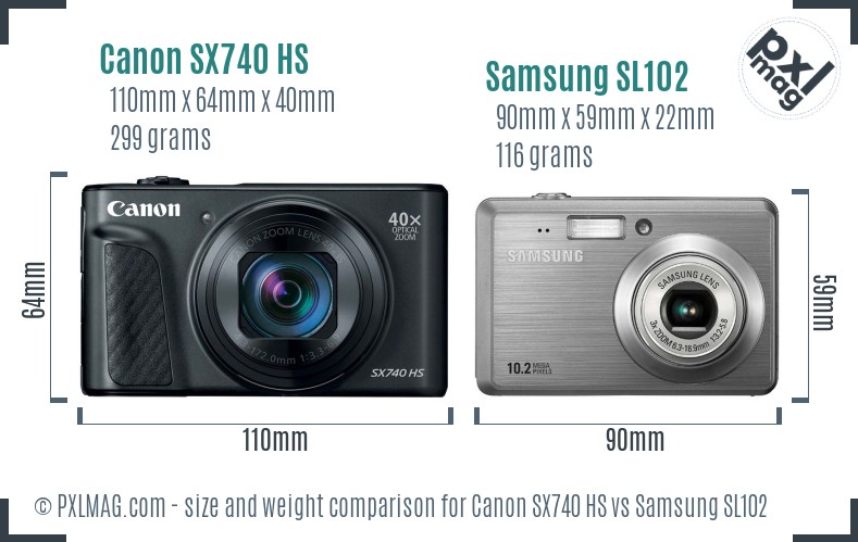 Canon SX740 HS vs Samsung SL102 size comparison