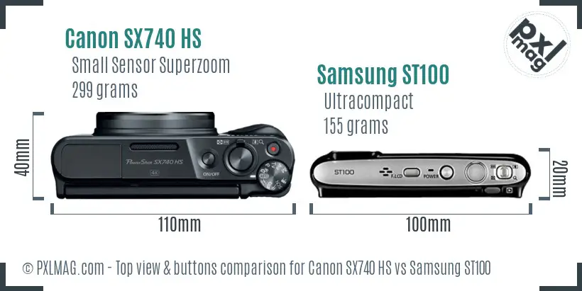 Canon SX740 HS vs Samsung ST100 top view buttons comparison Canon SX740 HS vs Samsung ST100 top view buttons comparison