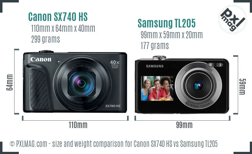 Canon SX740 HS vs Samsung TL205 size comparison