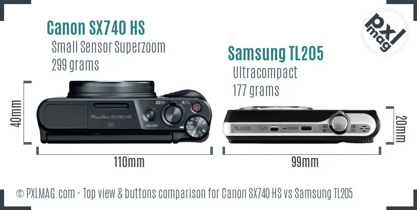 Canon SX740 HS vs Samsung TL205 top view buttons comparison