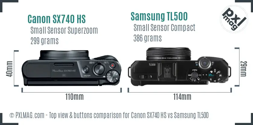 Canon SX740 HS vs Samsung TL500 top view buttons comparison Canon SX740 HS vs Samsung TL500 top view buttons comparison