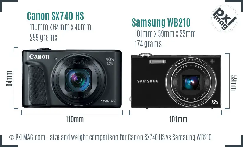 Canon SX740 HS vs Samsung WB210 size comparison