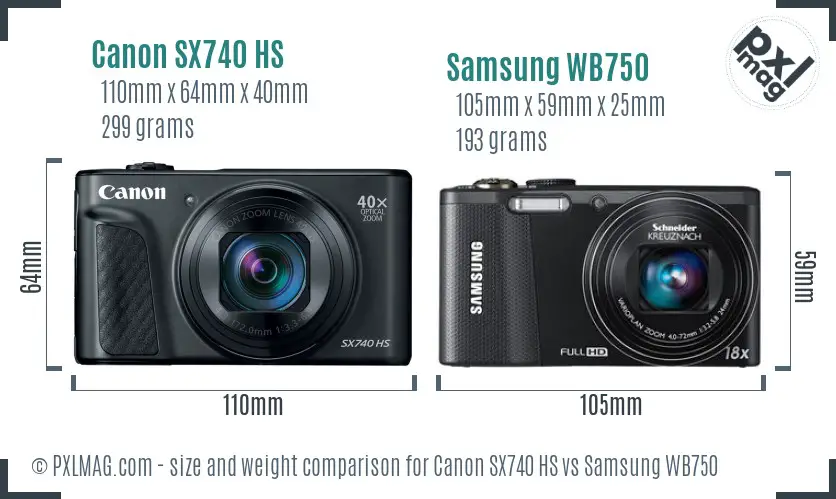 Canon SX740 HS vs Samsung WB750 size comparison