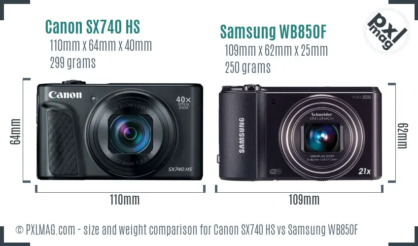 Canon SX740 HS vs Samsung WB850F size comparison