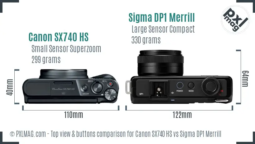 Canon SX740 HS vs Sigma DP1 Merrill top view buttons comparison Canon SX740 HS vs Sigma DP1 Merrill top view buttons comparison