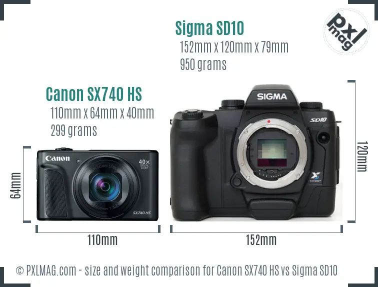Canon SX740 HS vs Sigma SD10 size comparison