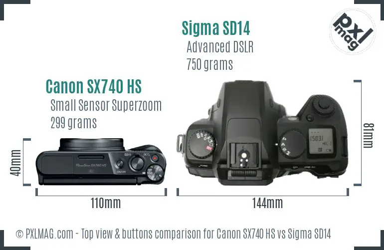 Canon SX740 HS vs Sigma SD14 top view buttons comparison
