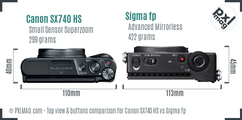 Canon SX740 HS vs Sigma fp top view buttons comparison