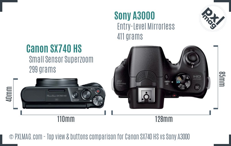 Canon SX740 HS vs Sony A3000 top view buttons comparison